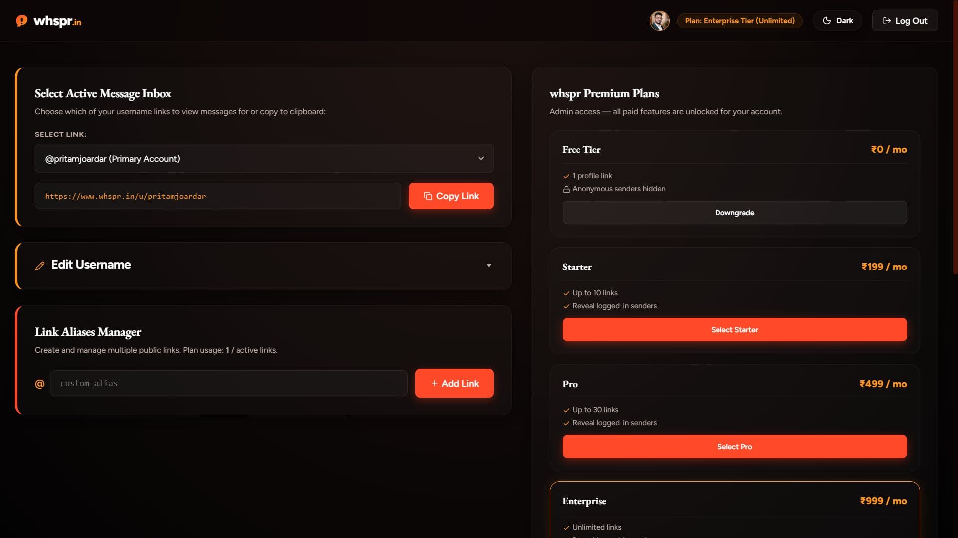 whspr dashboard